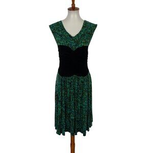 Plenty By Tracy Reese Green Abstract Ruched Waist Sleeveless Dress Medium